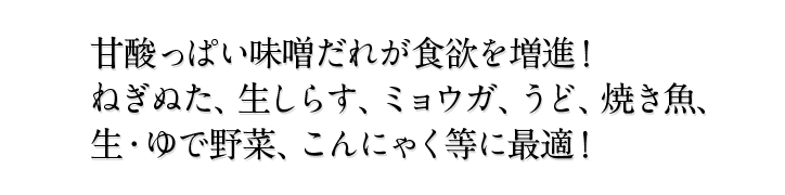 甘酸っぱい味噌だれが食欲を増進！ ねぎぬた、生しらす、ミョウガ、うど、焼き魚、 生・ゆで野菜、こんにゃく等に最適！
