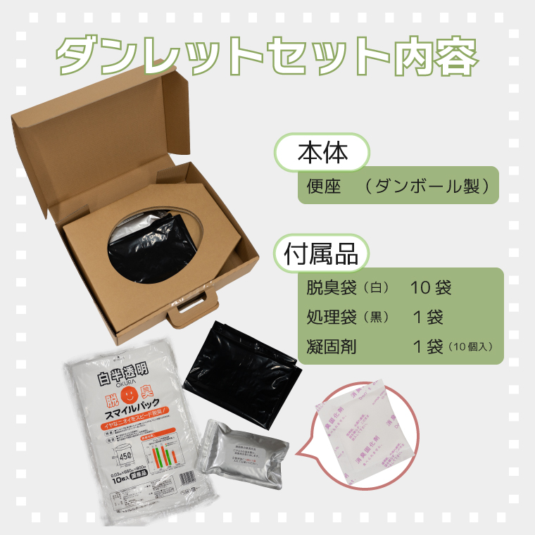 セット内容　便座本体（ダンボール製）、付属品：脱臭袋（白）10袋、処理袋（黒）1袋、凝固剤10個